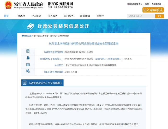 杭州奥太斯电梯科技有限公司违反特种设备安全管理规定案