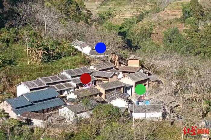 ▲红点为自先生发小家区域,绿点为成成消失的空地区域,蓝点为钟某家区域