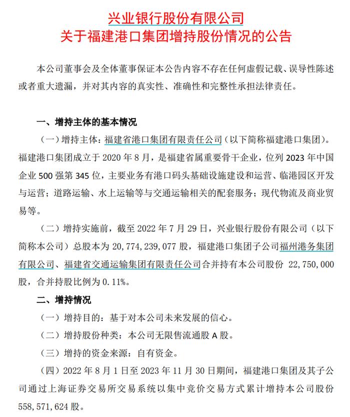 兴业银行：福建港口集团及其子公司累计增持5.59亿股 持股比例增至2.8%