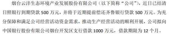 云沣环境拟向中国银行股份有限公司烟台开发区支行借款1000万 借款期限为12个月