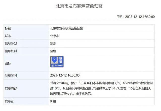 48小时最低气温降幅超过10°C！北京市发布寒潮蓝色预警