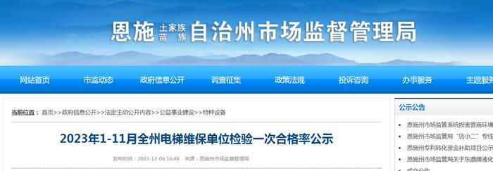 2023年1-11月湖北省恩施州电梯维保单位检验一次合格率公示