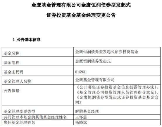 杨晓斌离任金鹰恒润债券发起式