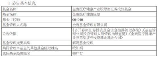 金鹰基金韩广哲离任2只基金