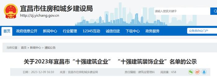 关于2023年宜昌市“十强建筑企业” “十强建筑装饰企业”名单的公示