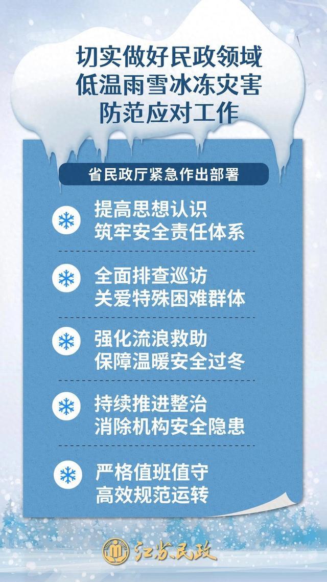 做好低温雨雪冰冻灾害防范！江苏省民政厅部署应对举措