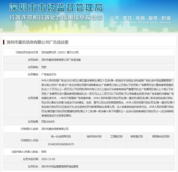 深圳市嘉宏信息有限公司广告违法案