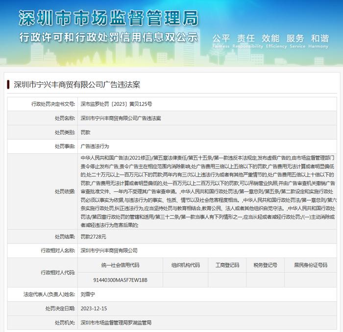 深圳市宁兴丰商贸有限公司广告违法案