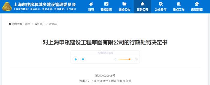 对上海申瓴建设工程审图有限公司的行政处罚决定书