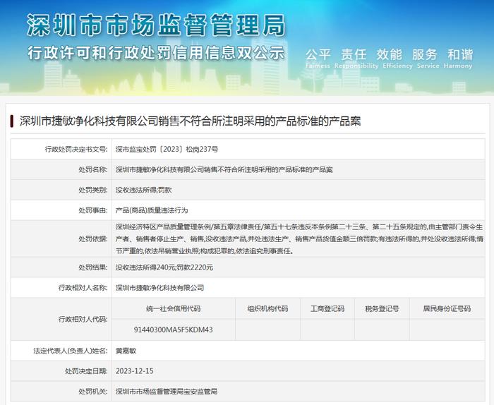 深圳市捷敏净化科技有限公司销售不符合所注明采用的产品标准的产品案