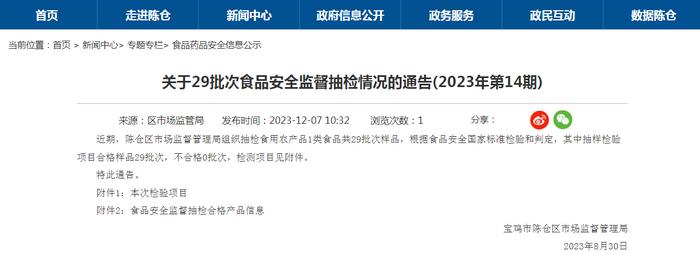 陕西省宝鸡市陈仓区市场监督管理局关于29批次食品安全监督抽检情况的通告(2023年第14期)