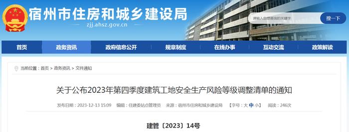 安徽省宿州建筑业管理服务中心关于公布2023年第四季度建筑工地安全生产风险等级调整清单的通知