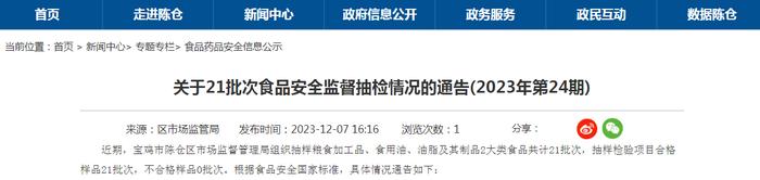 陕西省宝鸡市陈仓区市场监督管理局关于21批次食品安全监督抽检情况的通告(2023年第24期)
