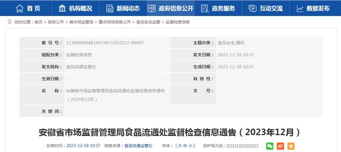 安徽省市场监督管理局食品流通处监督检查信息通告（2023年12月）