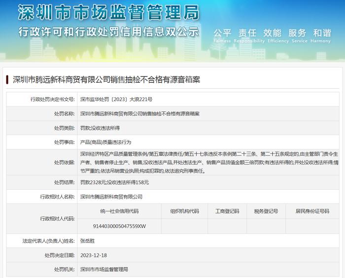 深圳市腾远新科商贸有限公司销售抽检不合格有源音箱案