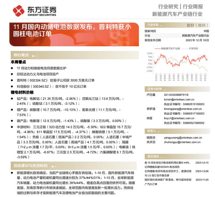 【研报推荐】11月国内动储电池数据发布，普利特获小圆柱电池订单