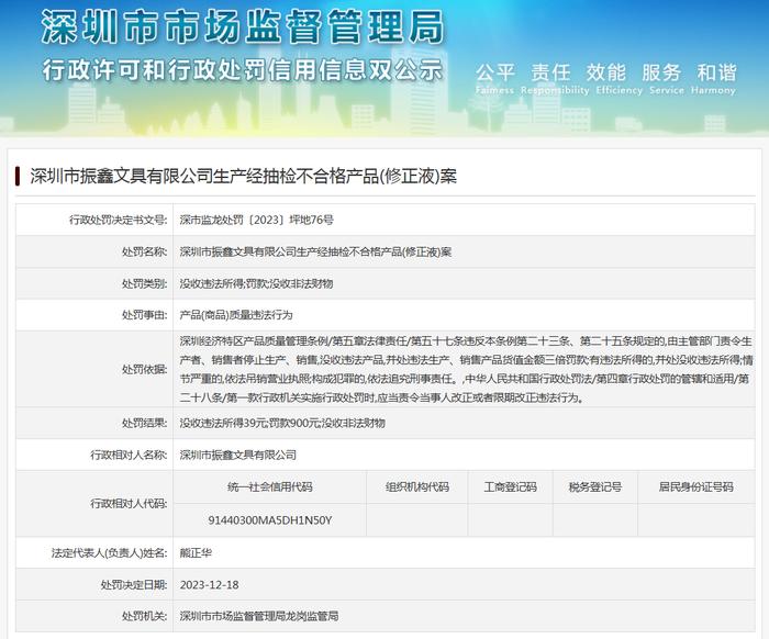 深圳市振鑫文具有限公司生产经抽检不合格产品(修正液)案