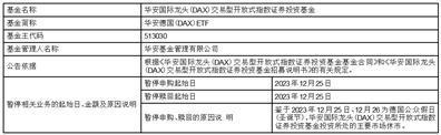 关于华安国际龙头（DAX）交易型开放式指数证券投资基金因境外主要市场节假日暂停申购、赎回的公告