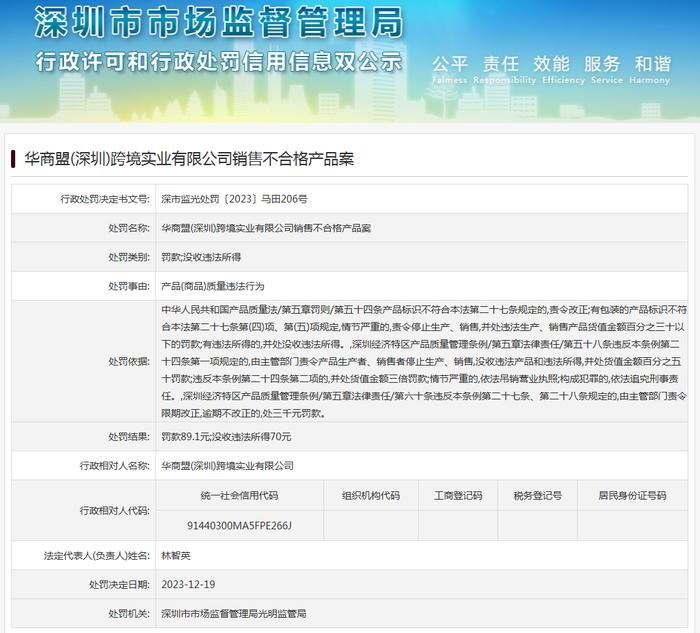 华商盟(深圳)跨境实业有限公司销售不合格产品案