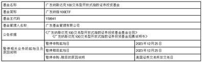 广发基金管理有限公司关于广发纳斯达克100交易型开放式指数证券投资基金暂停申购与赎回业务的公告