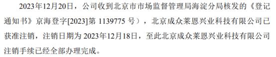 龙盛世纪全资子公司北京成众莱恩兴业科技有限公司注销手续已经全部办理完成