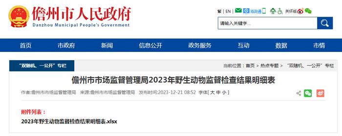 海南省儋州市市场监督管理局2023年野生动物监督检查结果明细表