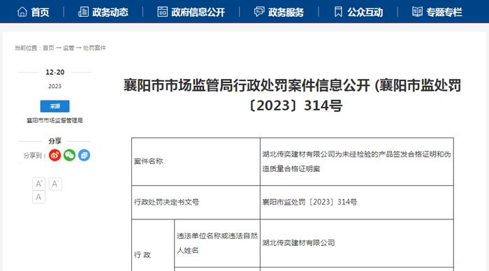 湖北省襄阳市市场监管局行政处罚案件信息公开 襄阳市监处罚〔2023〕314号