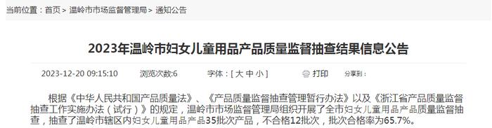 2023年浙江省温岭市妇女儿童用品产品质量监督抽查结果信息公告