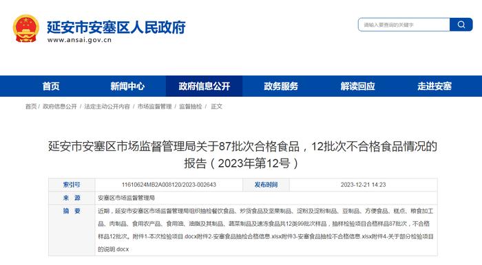 ​陕西省延安市安塞区市场监督管理局关于87批次合格食品，12批次不合格食品情况的报告（2023年第12号）