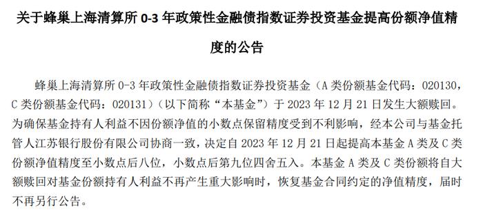 成立仅一周，这只规模超65亿元的基金——蜂巢上清所0-3年政金债指数基金即现大额赎回