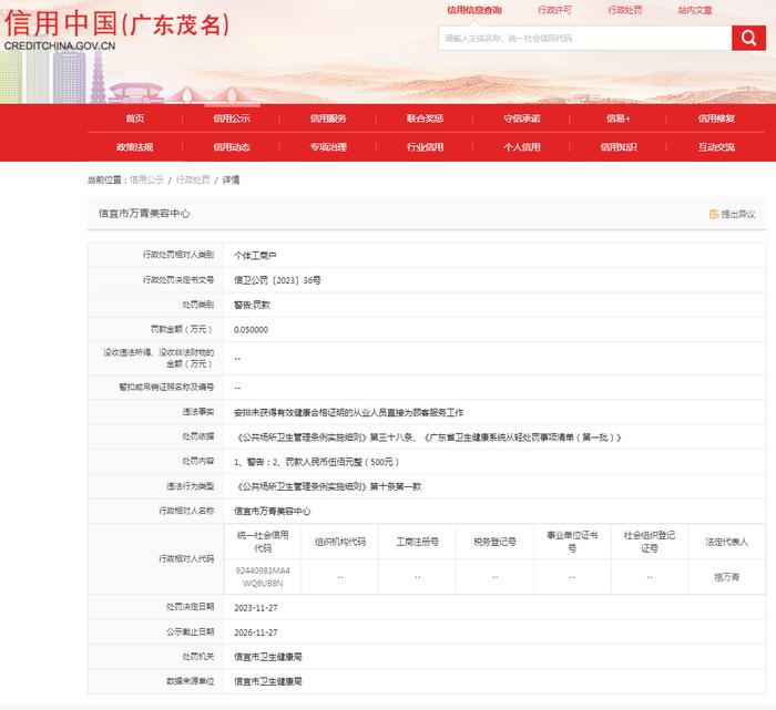【广东】信宜市万青美容中心安排未获得有效健康合格证明的从业人员直接为顾客服务工作案