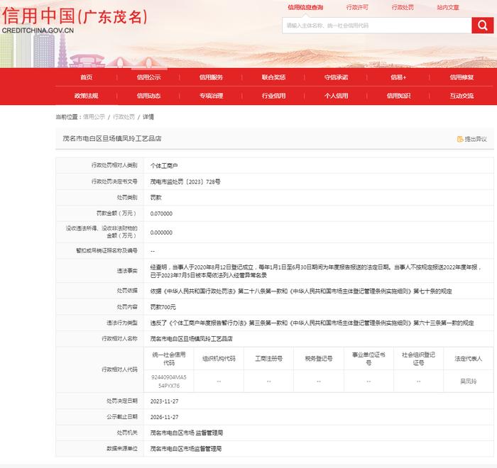 茂名市电白区旦场镇凤玲工艺品店不按规定报送年度报告案