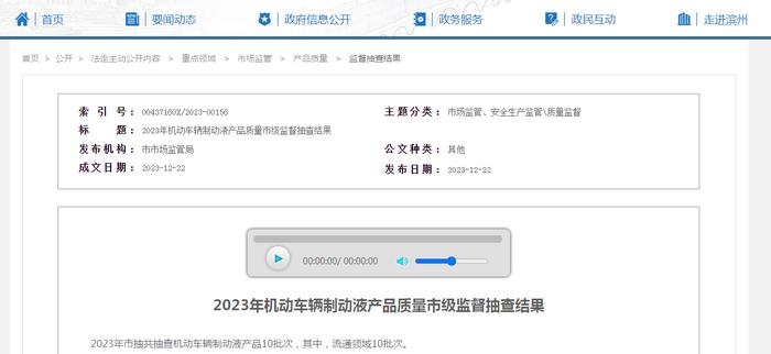 【山东滨州】2023年机动车辆制动液产品质量市级监督抽查结果