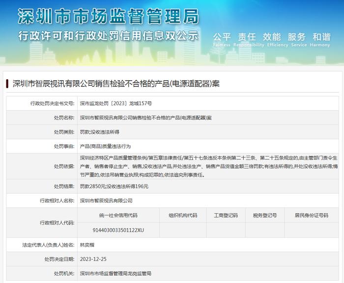 深圳市智辰视讯有限公司销售检验不合格的产品(电源适配器)案