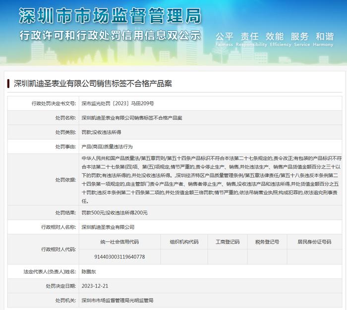 深圳凯迪圣表业有限公司销售标签不合格产品案