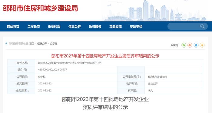 湖南省邵阳市2023年第十四批房地产开发企业资质评审结果的公示