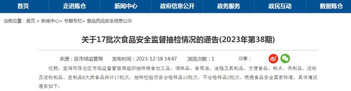 陕西省宝鸡市陈仓区市场监督管理局关于17批次食品安全监督抽检情况的通告(2023年第38期)