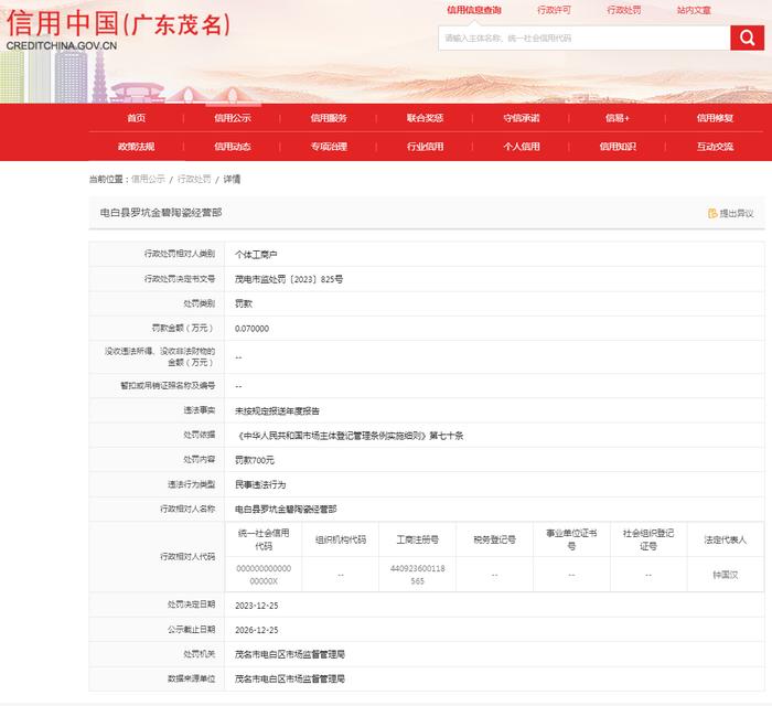 【广东茂名】电白县罗坑金碧陶瓷经营部未按规定报送年度报告案
