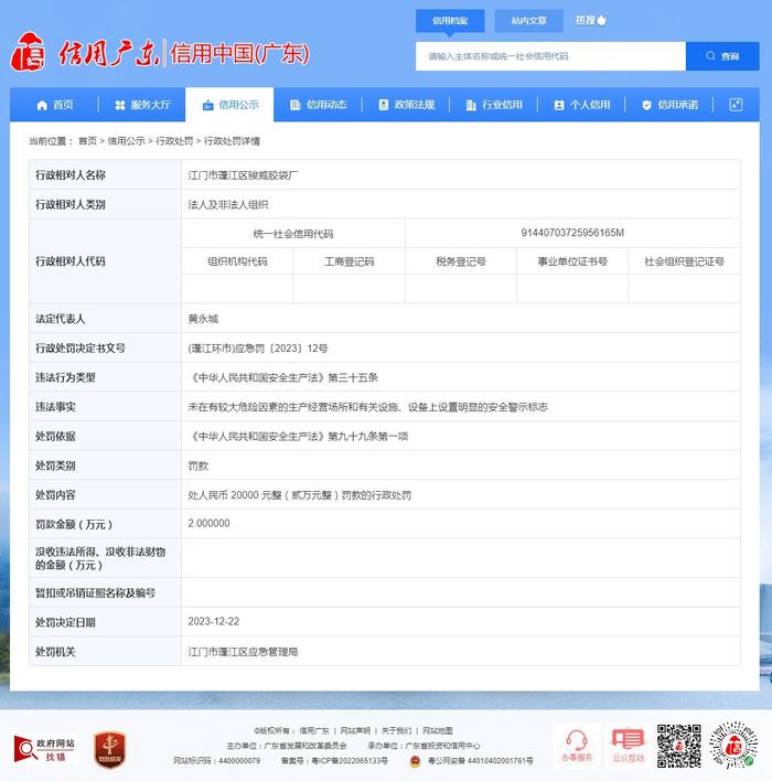 广东省江门市蓬江区应急管理局对江门市蓬江区骏威胶袋厂作出行政处罚