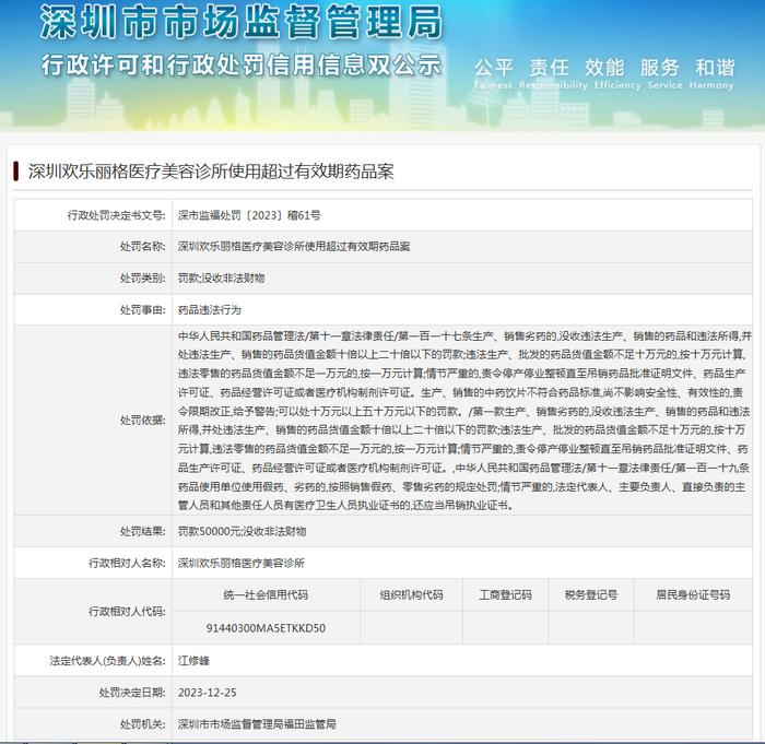 深圳欢乐丽格医疗美容诊所使用超过有效期药品案