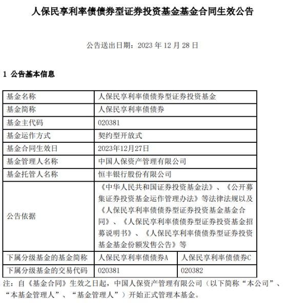 人保民享利率债债券成立 基金规模50.9亿元