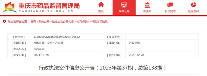 重庆市药品监督管理局行政执法案件信息公开表（2023年第37期，总第138期）