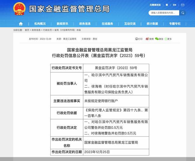 涉一项违规，哈尔滨中汽汽贸汽车销售服务有限公司合计被罚1万元