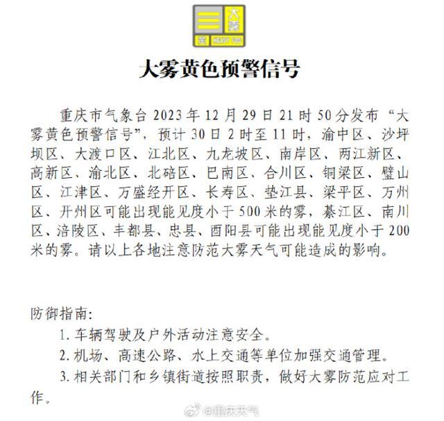 大雾黄色预警！30日2时至11时，重庆局地能见度小于200米