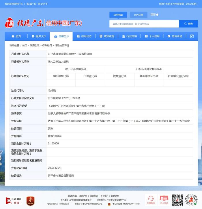 广东省开平市市场监督管理局对开平市骏景湾豪庭房地产开发有限公司作出行政处罚