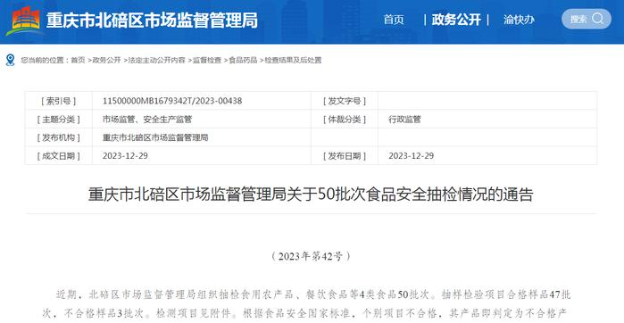 重庆市北碚区市场监督管理局关于50批次食品安全抽检情况的通告（2023年第42号）
