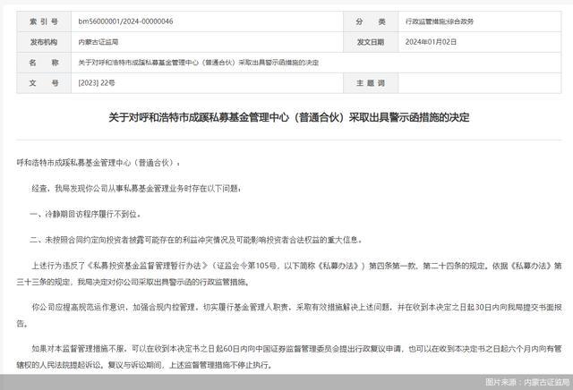 因从事私募基金业务存违规行为 成蹊私募遭内蒙古证监局出具警示函