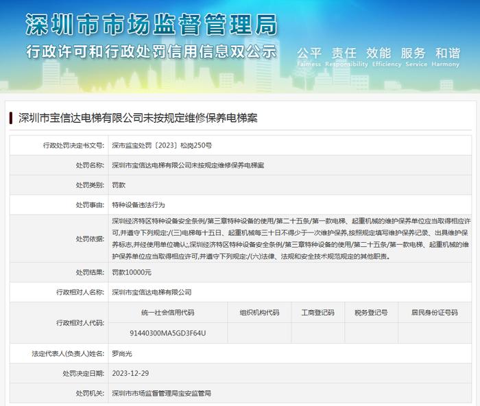 深圳市宝信达电梯有限公司未按规定维修保养电梯案