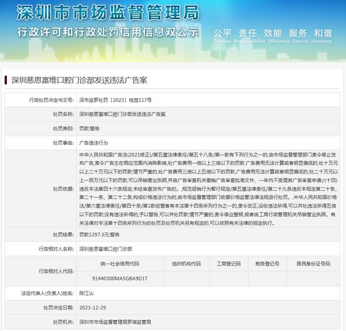 深圳慈恩富维口腔门诊部发送违法广告案