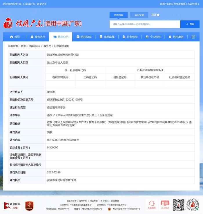 深圳市龙岗区应急管理局对深圳苏东机械塑胶有限公司作出行政处罚